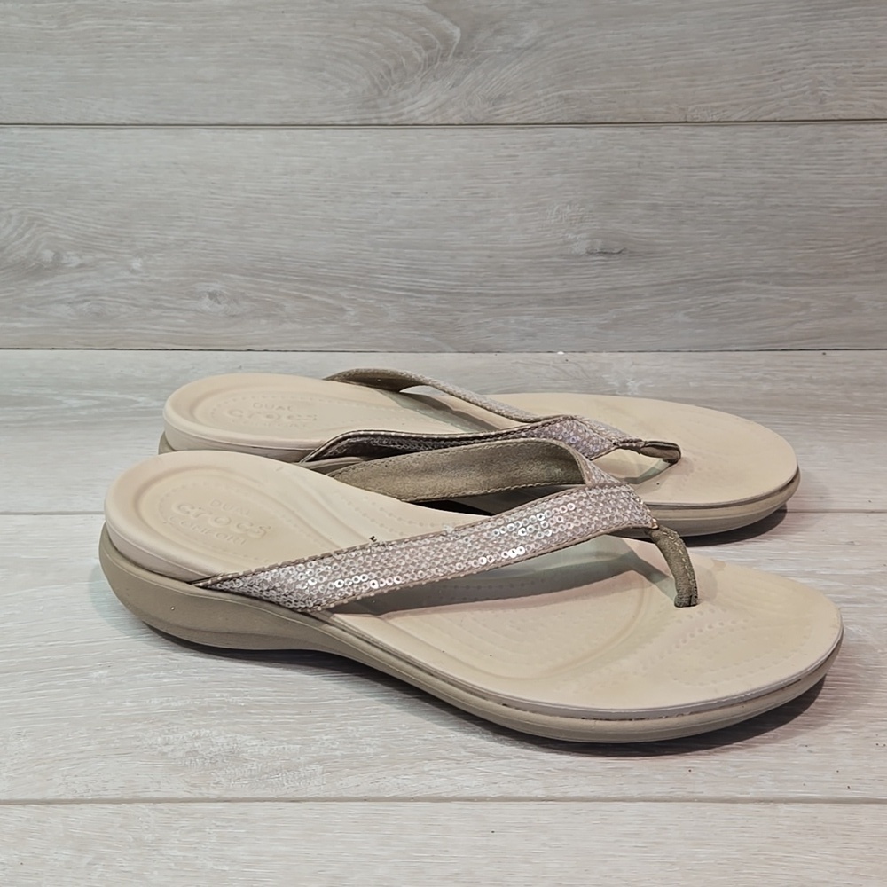 Crocs Women T strap Sequin Sandals Slide Flats shoes sz 10
